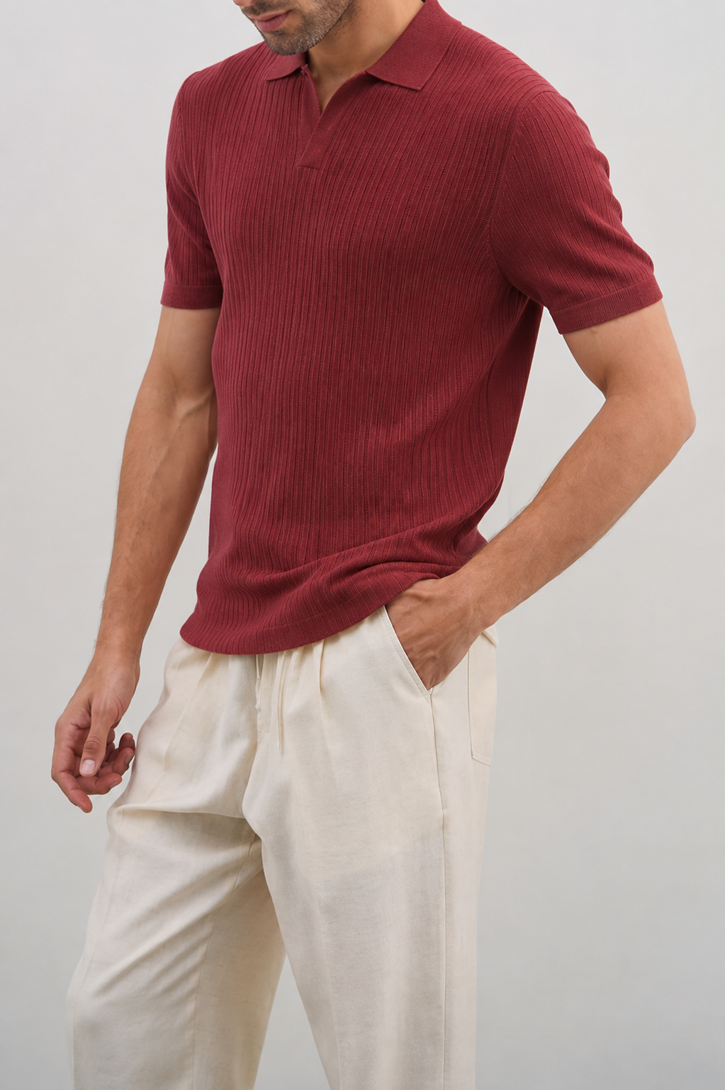 Brick Red Textured Knit Polo