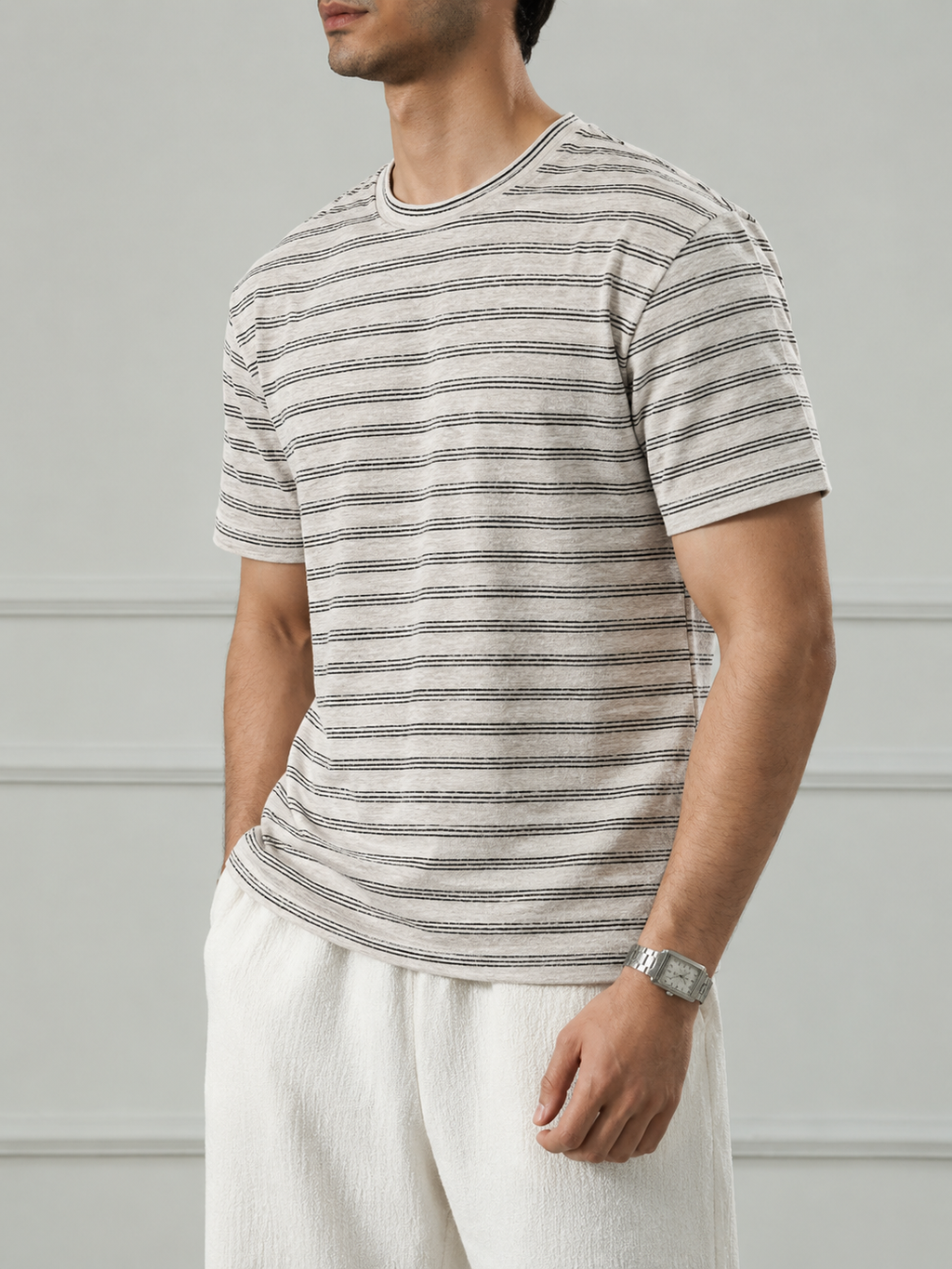 Cream Fine Stripe Crew Neck T-Shirt