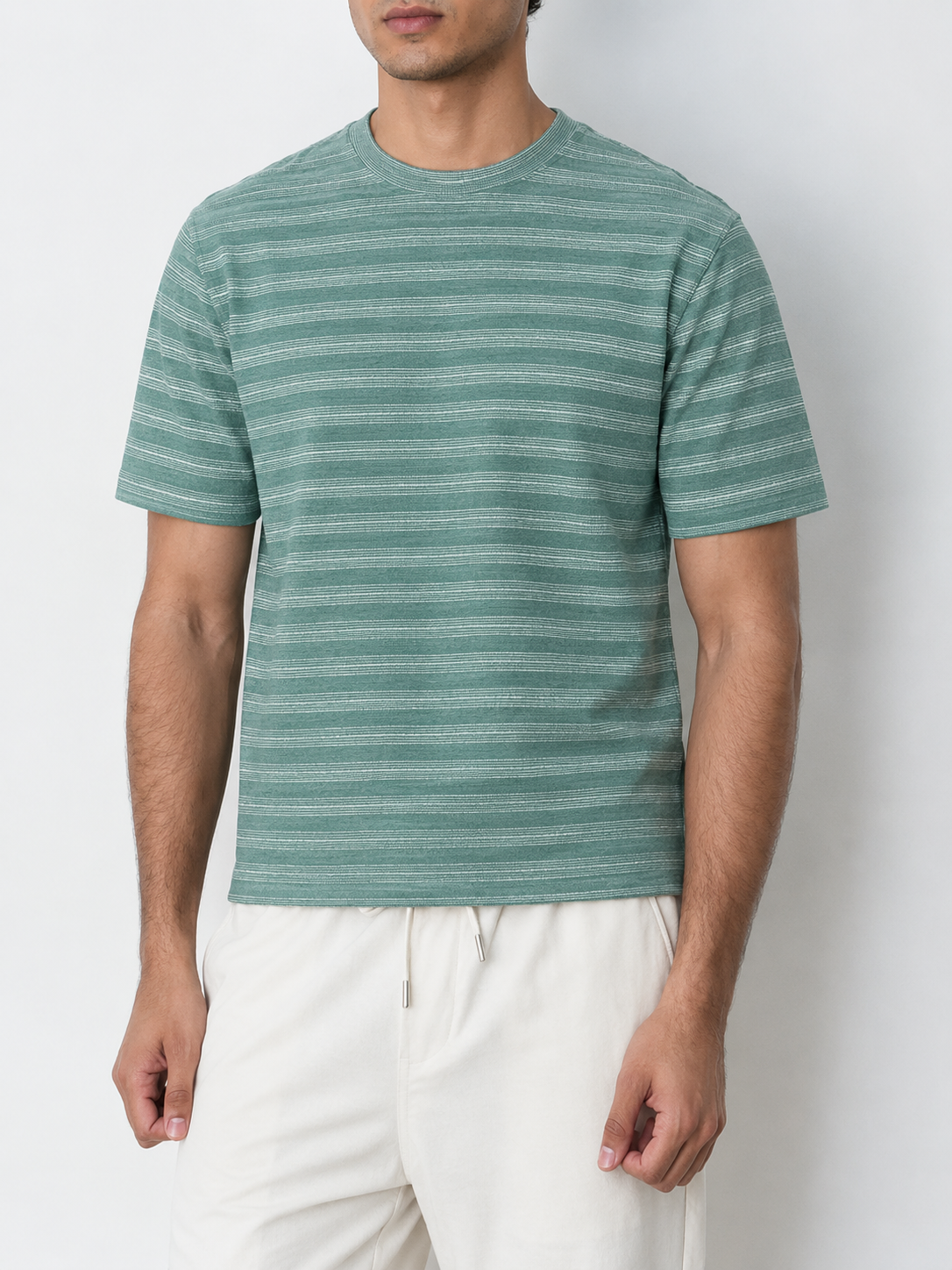 Sage Green Textured Striped Premium Oversized T-Shirt