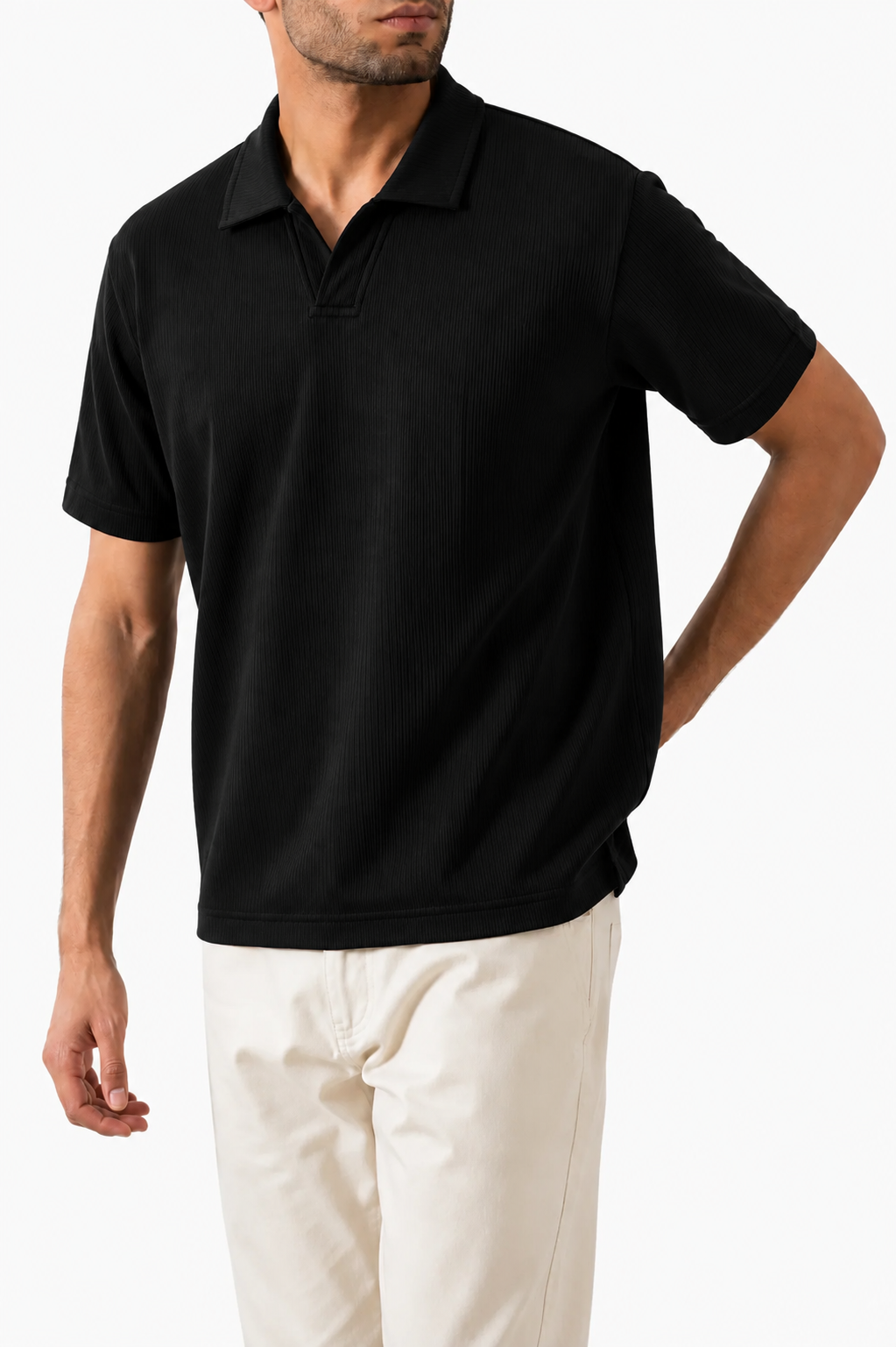Black Textured Knit Polo