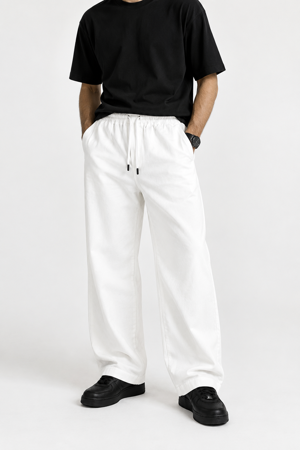 Relaxed Fit Cotton Drawstring White Trousers