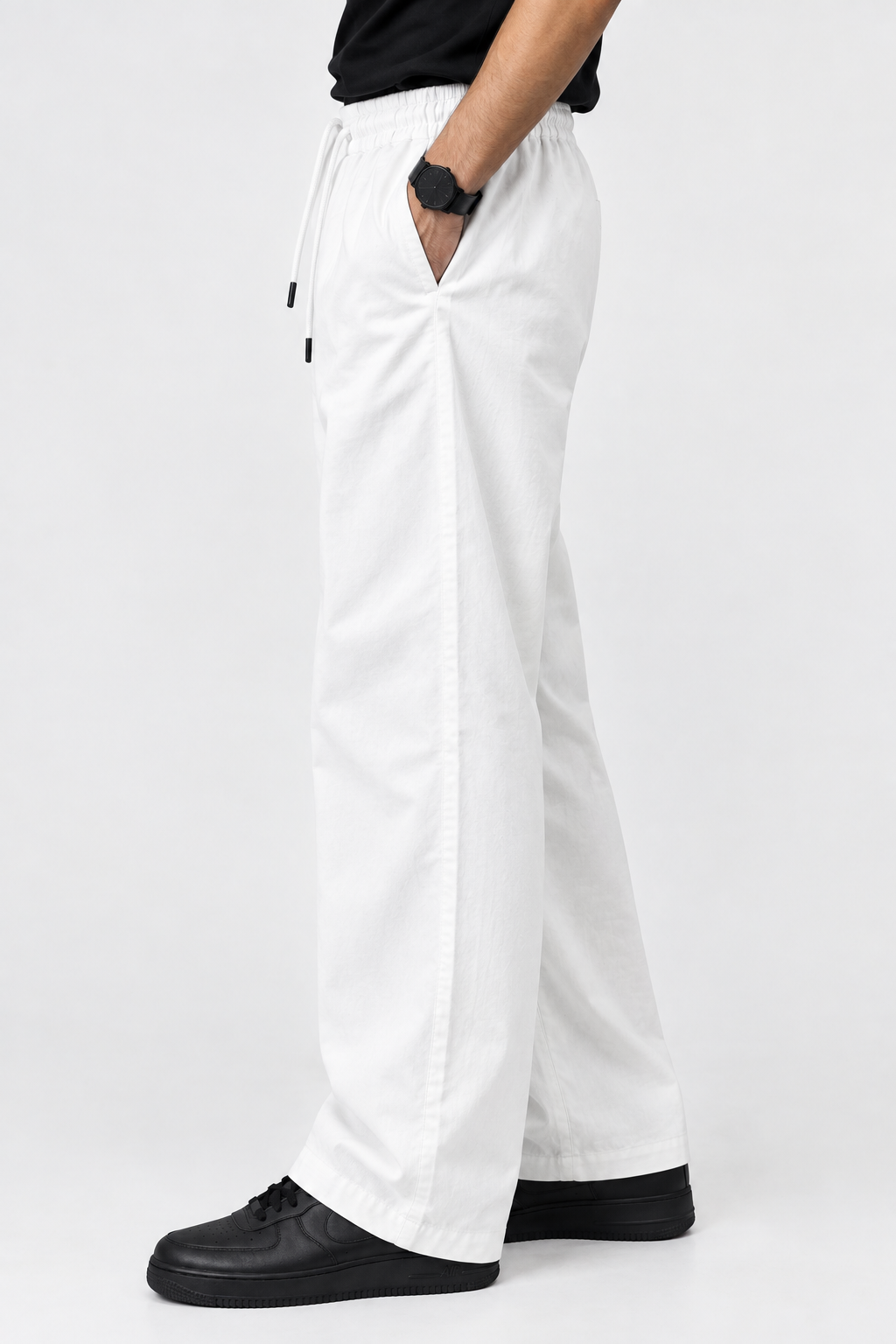 Relaxed Fit Cotton Drawstring White Trousers