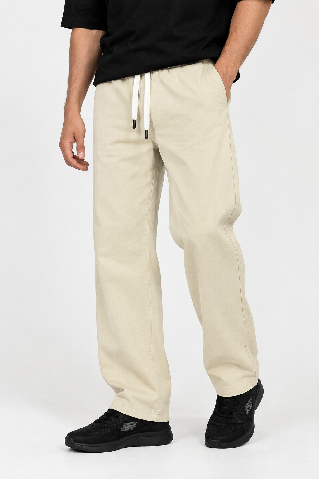 Relaxed Fit Cotton Drawstring Cream Beige Trousers