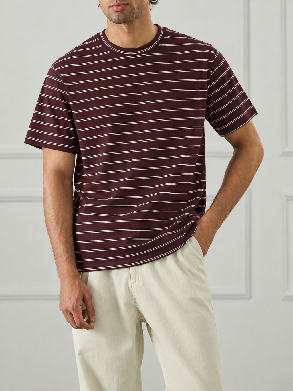 Maroon Fine Stripe Crew Neck T-Shirt