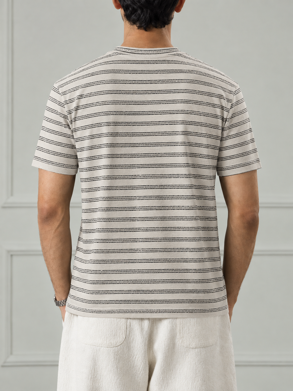 Cream Fine Stripe Crew Neck T-Shirt