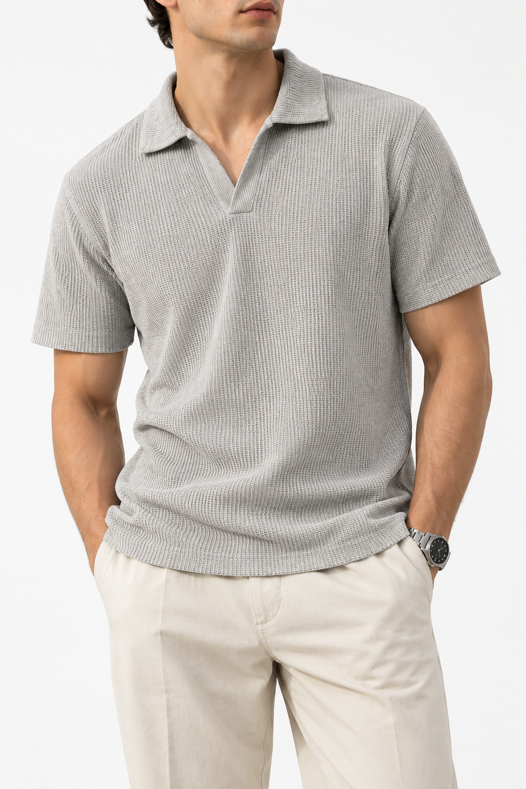 Light Grey Textured Knit Polo