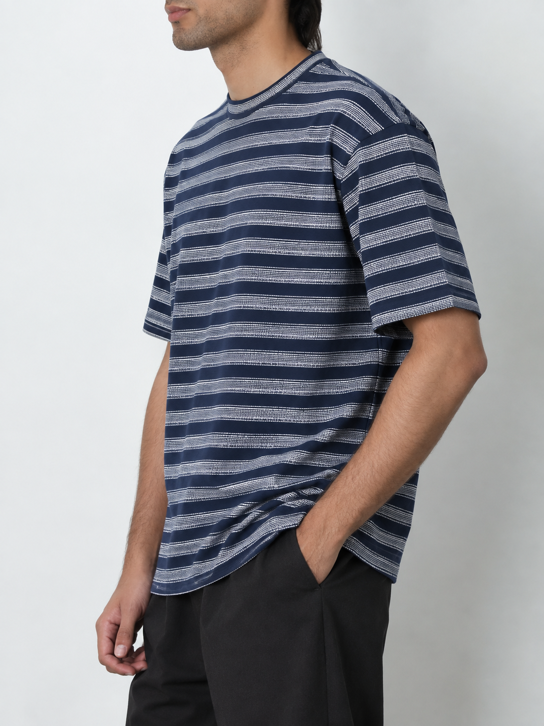 Navy Textured Striped Premium Oversized T-Shirt
